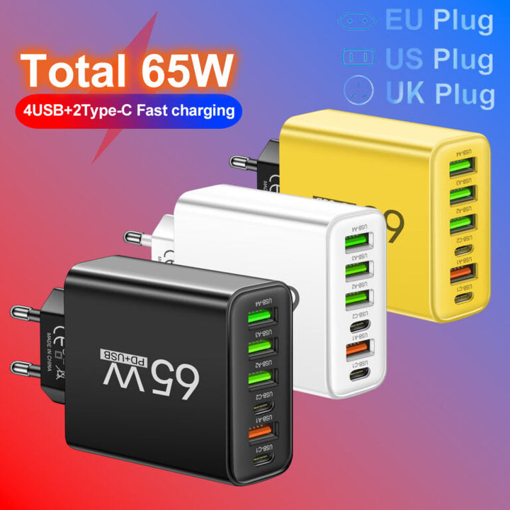 Luvikno | PowerMax 65W 6-i-1 Hurtiglader – Lader opptil 6 enheter samtidig – Ideell for hjem, kontor og reise
