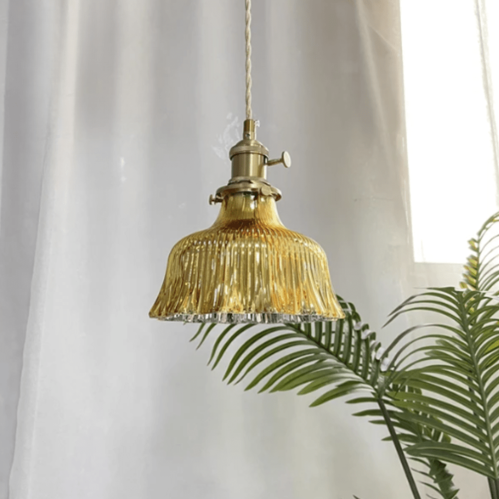 Vintage skandinavisk glass pendant lampe | retro design med kobber og valnøtt finish for spisestue og soverom | Luvikno
