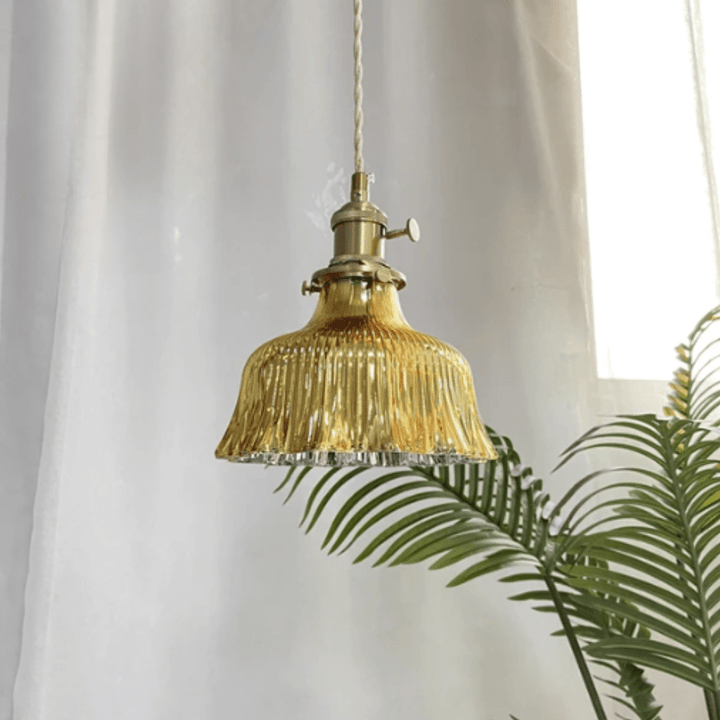 Vintage skandinavisk glass pendant lampe | retro design med kobber og valnøtt finish for spisestue og soverom | Luvikno