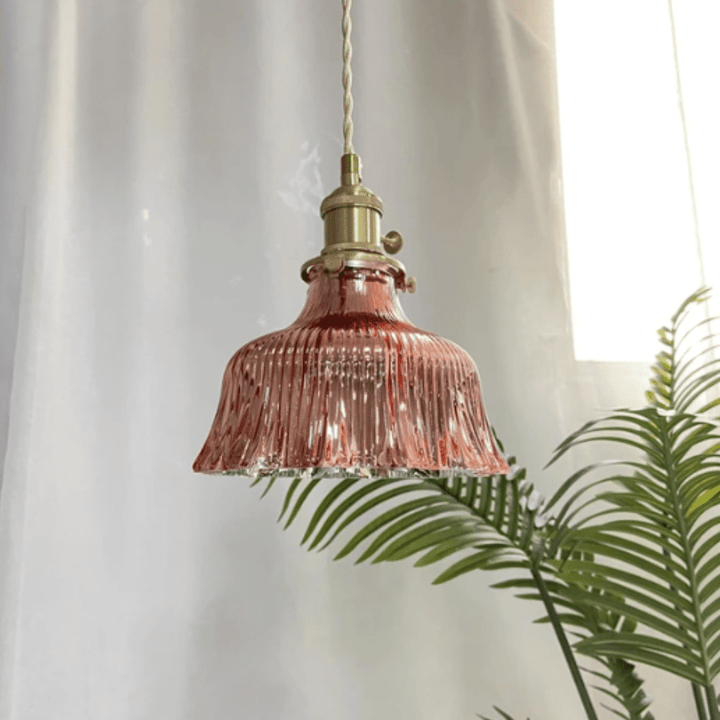 Vintage skandinavisk glass pendant lampe | retro design med kobber og valnøtt finish for spisestue og soverom | Luvikno