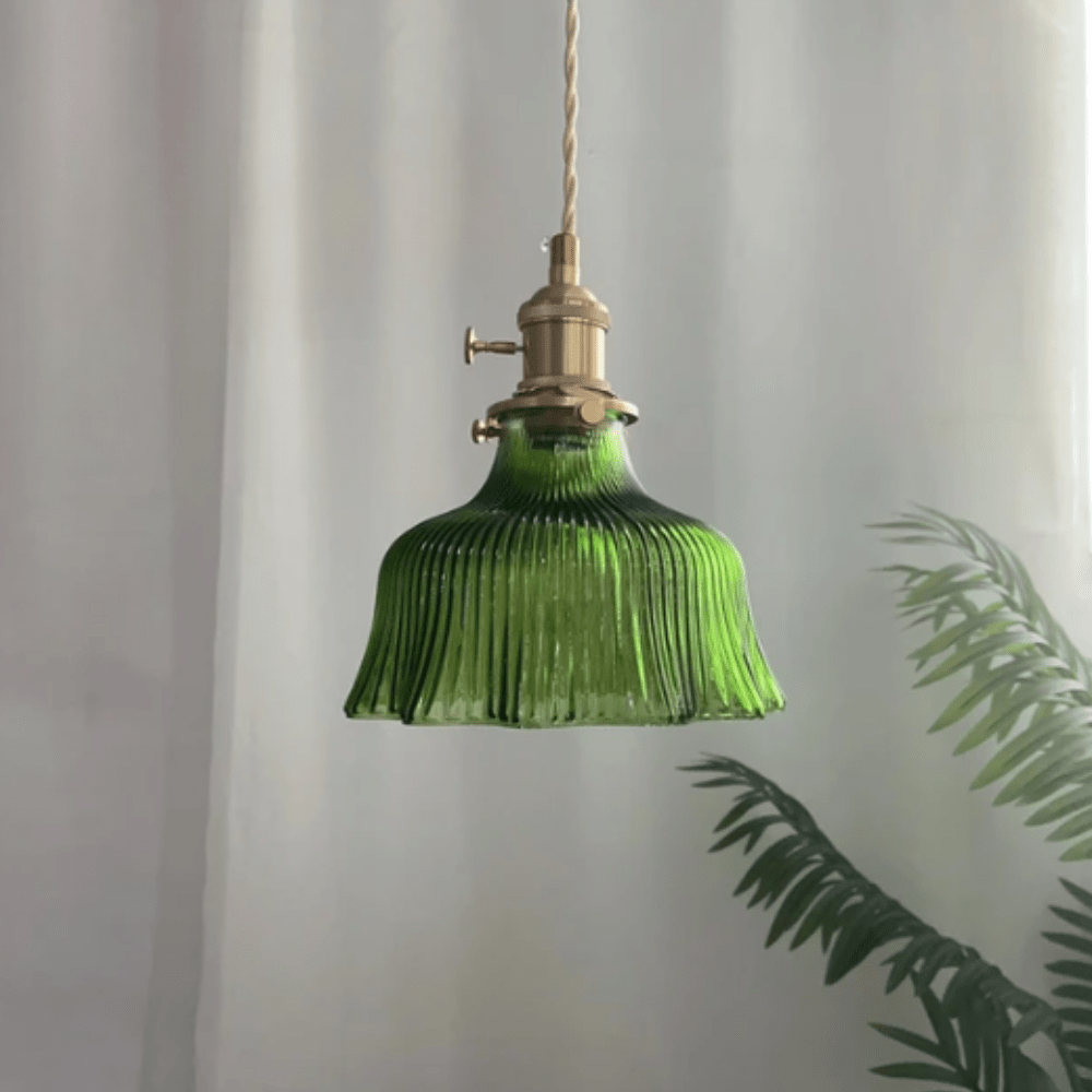 Vintage skandinavisk glass pendant lampe | retro design med kobber og valnøtt finish for spisestue og soverom | Luvikno