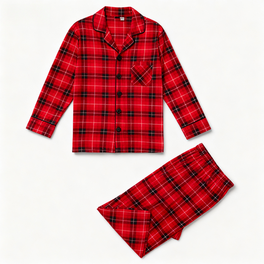 Luvik | Joulun perheelle sopivat punaiset ruudulliset nappikauluspaitapairat, pitkähihainen pyjama setti koiralle