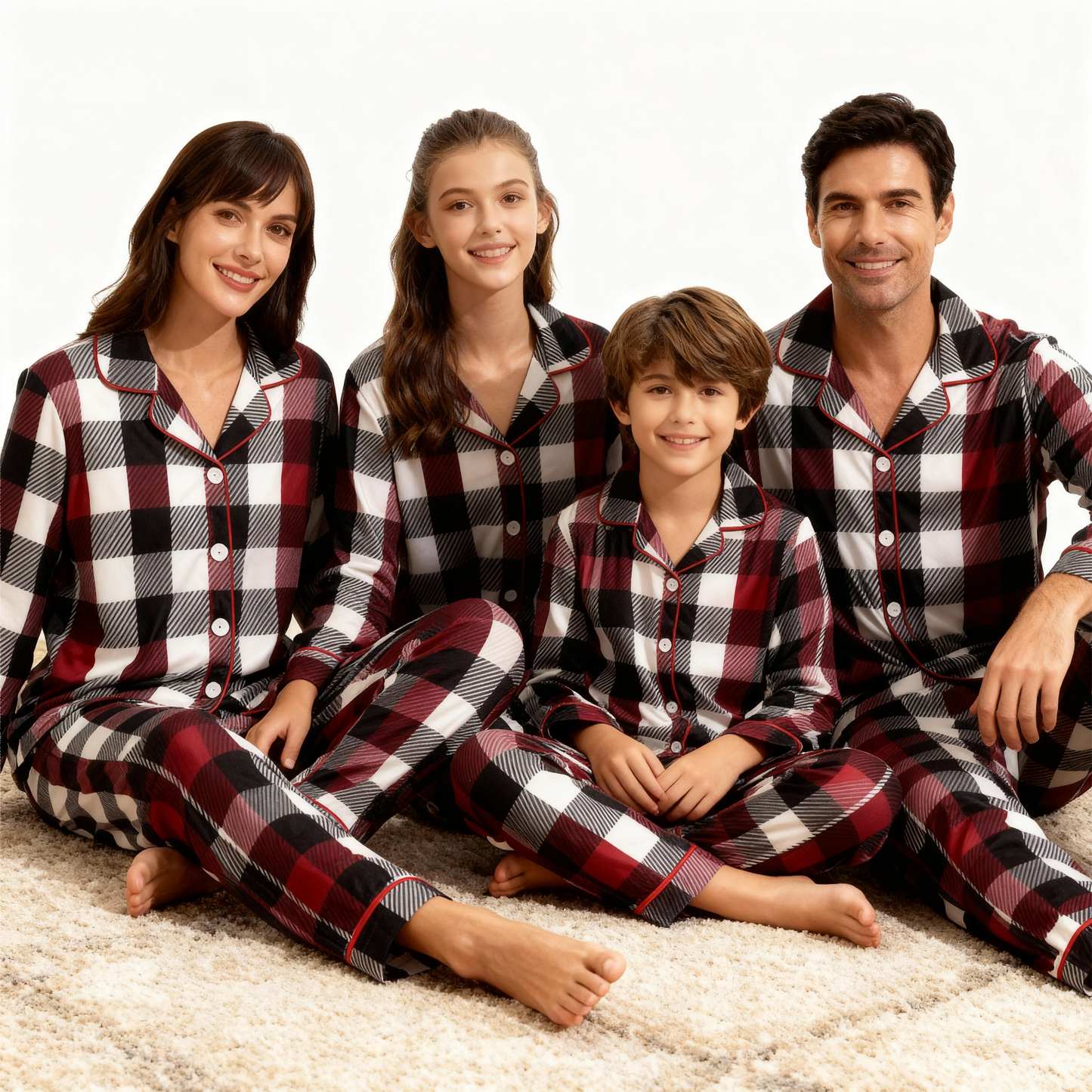Luvik | Perhe Joulupunainen ja Valkoinen Ruudullinen Napillinen Pyjama Setti