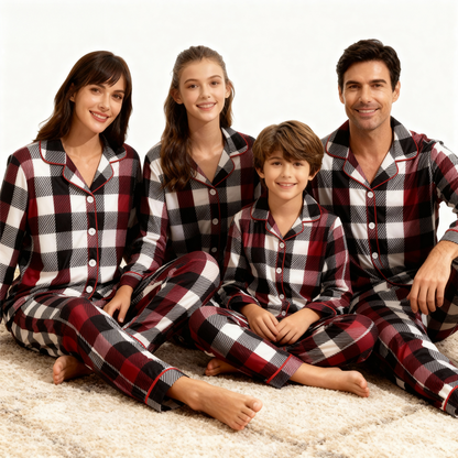 Luvik | Perhe Joulupunainen ja Valkoinen Ruudullinen Napillinen Pyjama Setti
