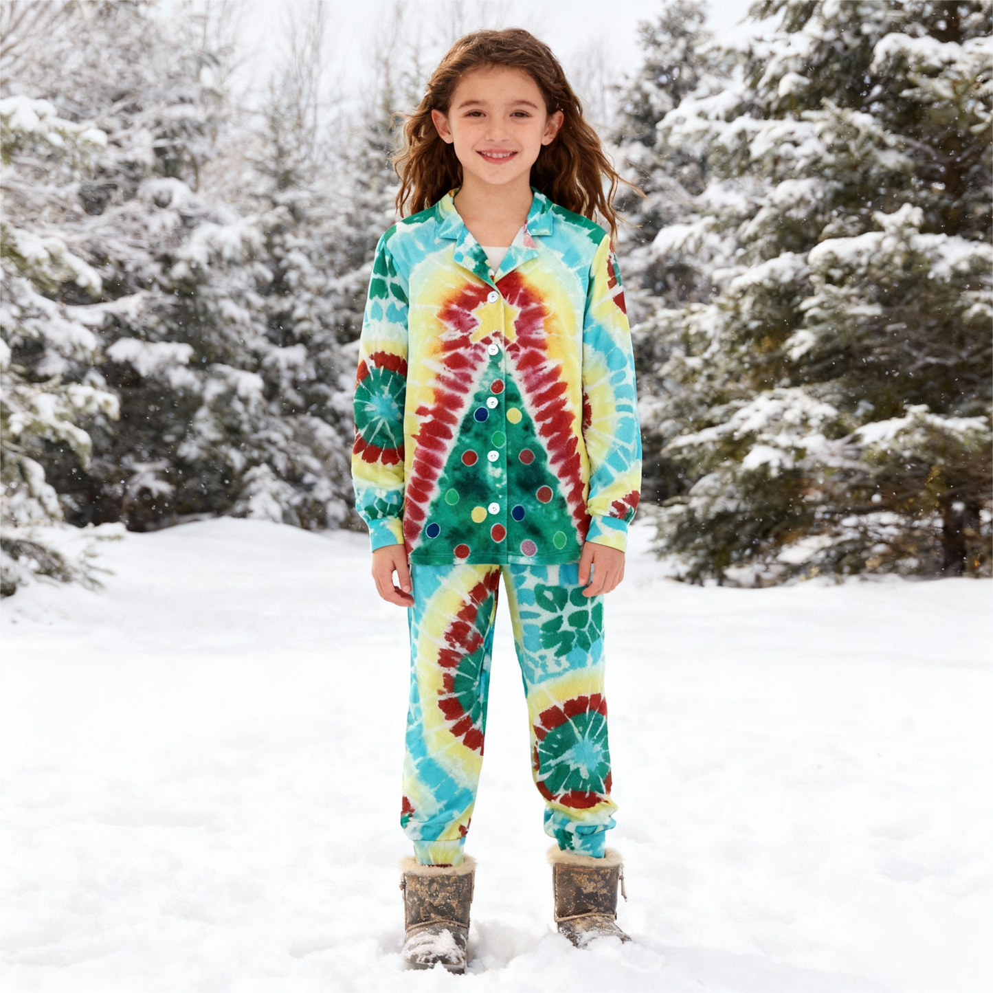 Luvik | Loma-perhe nappisuljennus vihreä & keltainen sidontakuvioinen joulupyjama-setti