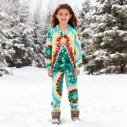 Luvik | Loma-perhe nappisuljennus vihreä & keltainen sidontakuvioinen joulupyjama-setti