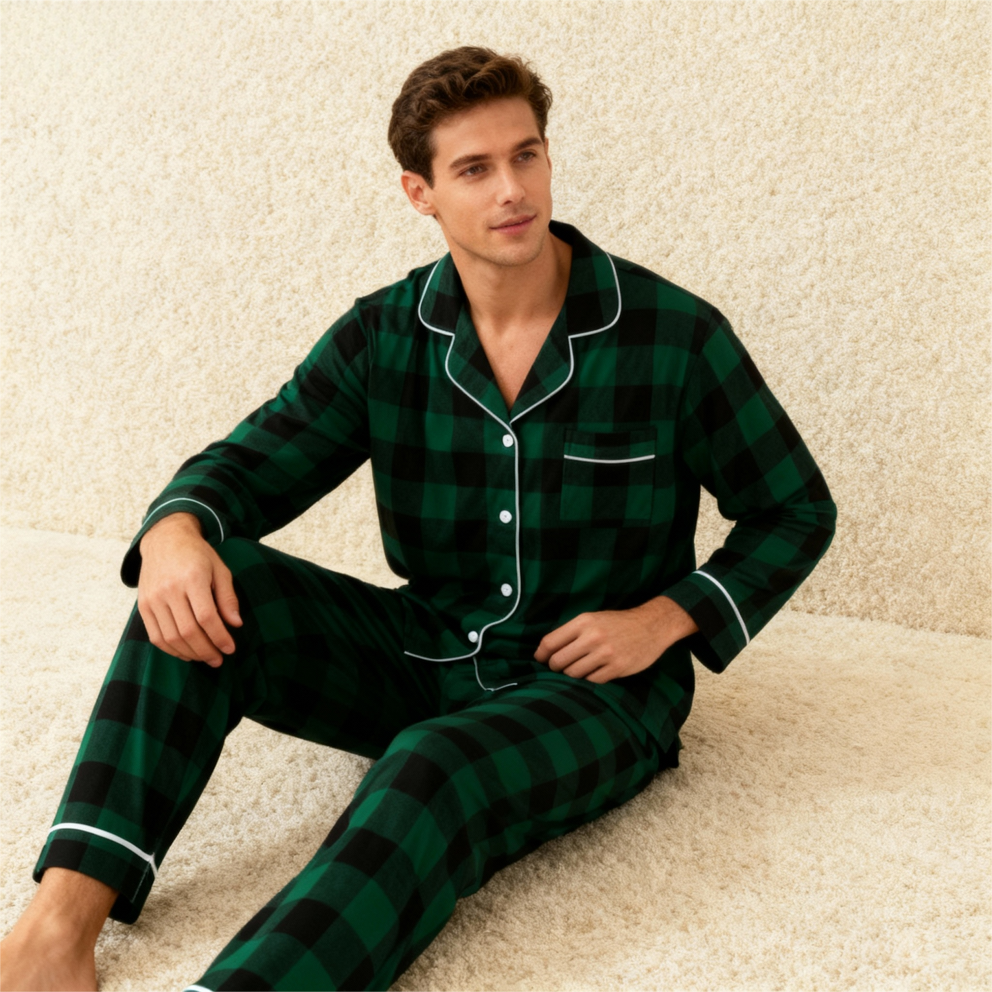 Luvik | Joulun perheelle sopivat vihreät ruudulliset nappikauluspaitapajamasetit pitkähihaisella