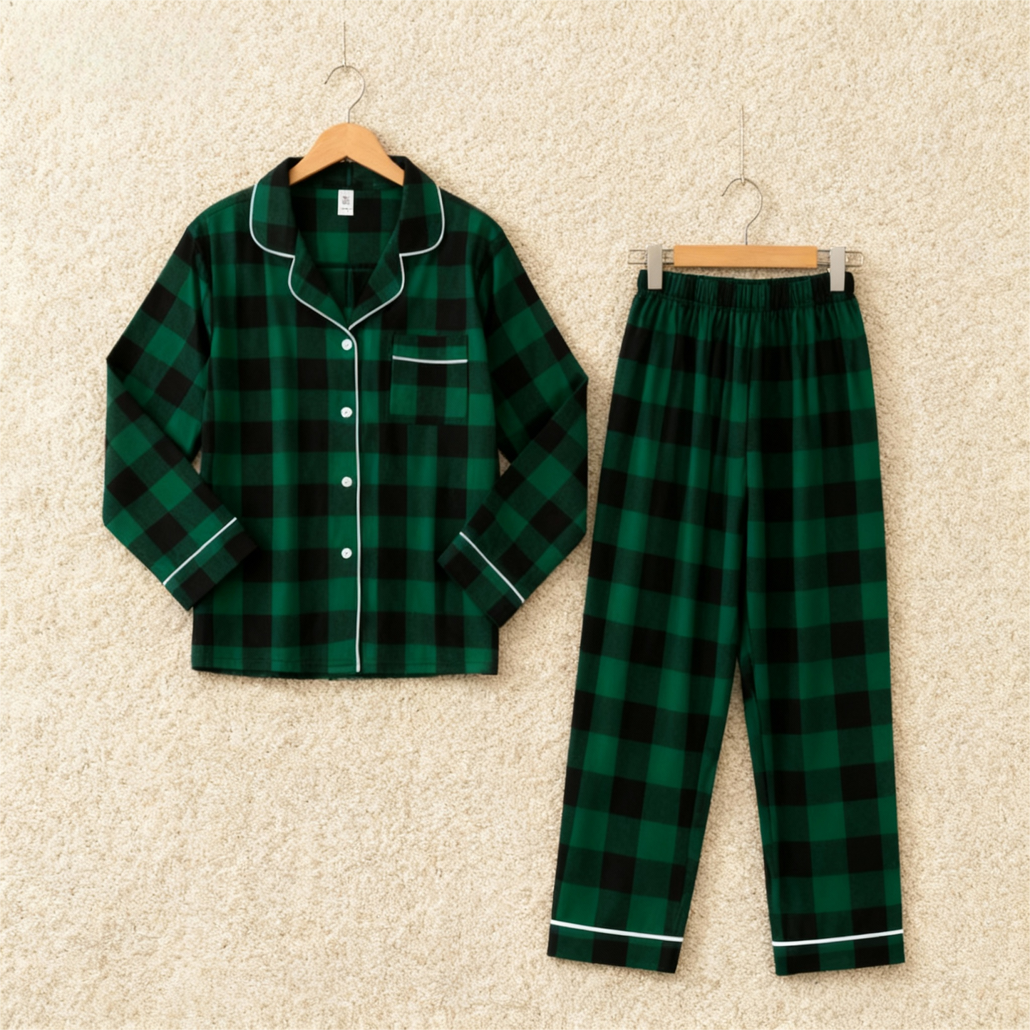 Luvik | Joulun perheelle sopivat vihreät ruudulliset nappikauluspaitapajamasetit pitkähihaisella