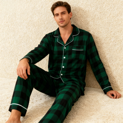 Luvik | Joulun perheelle sopivat vihreät ruudulliset nappikauluspaitapajamasetit pitkähihaisella