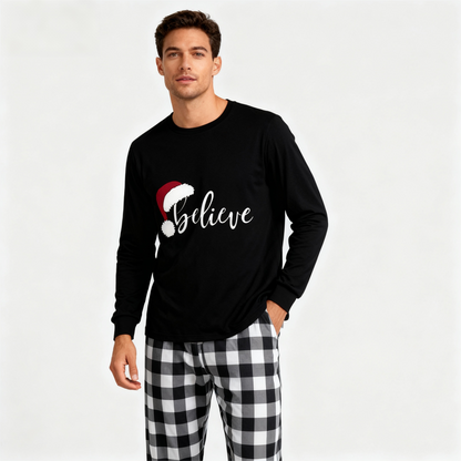 Luvik | Jouluhattu ja 'Believe' kirjainpainatus kuviollinen musta valkoinen ruututakkisetti