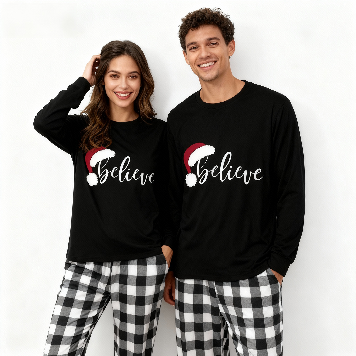 Luvik | Jouluhattu ja 'Believe' kirjainpainatus kuviollinen musta valkoinen ruututakkisetti