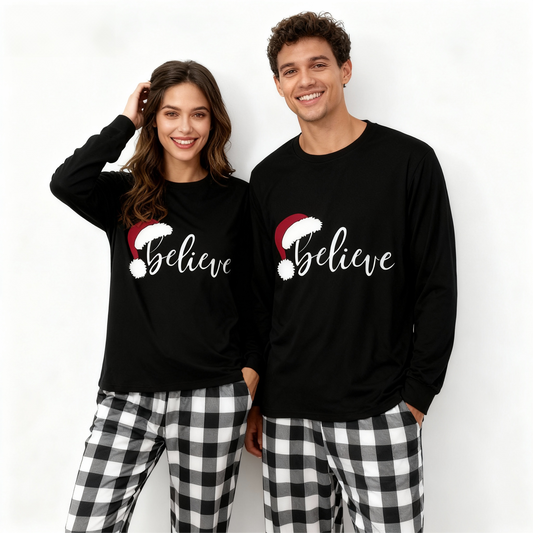 Luvik | Jouluhattu ja 'Believe' kirjainpainatus kuviollinen musta valkoinen ruututakkisetti