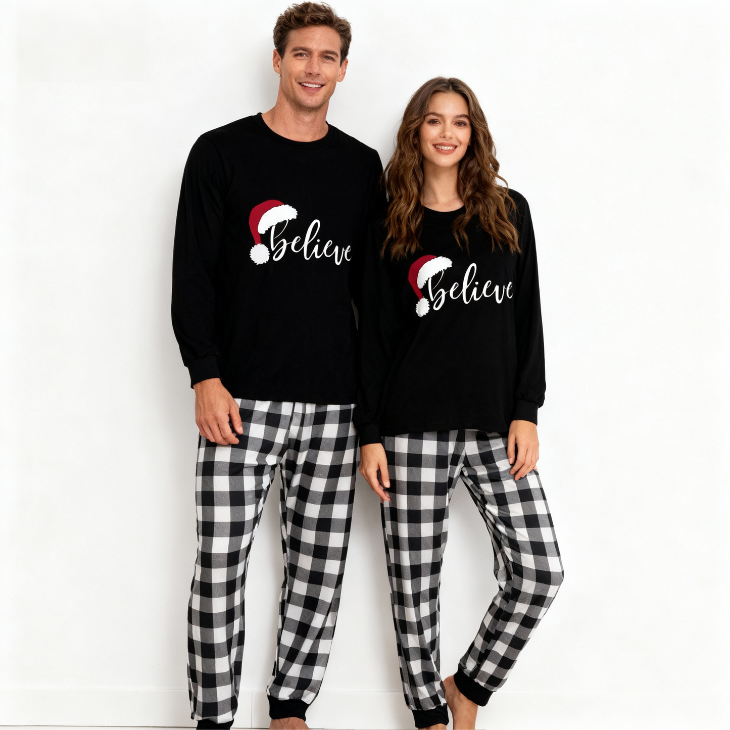 Luvik | Jouluhattu ja 'Believe' kirjainpainatus kuviollinen musta valkoinen ruututakkisetti