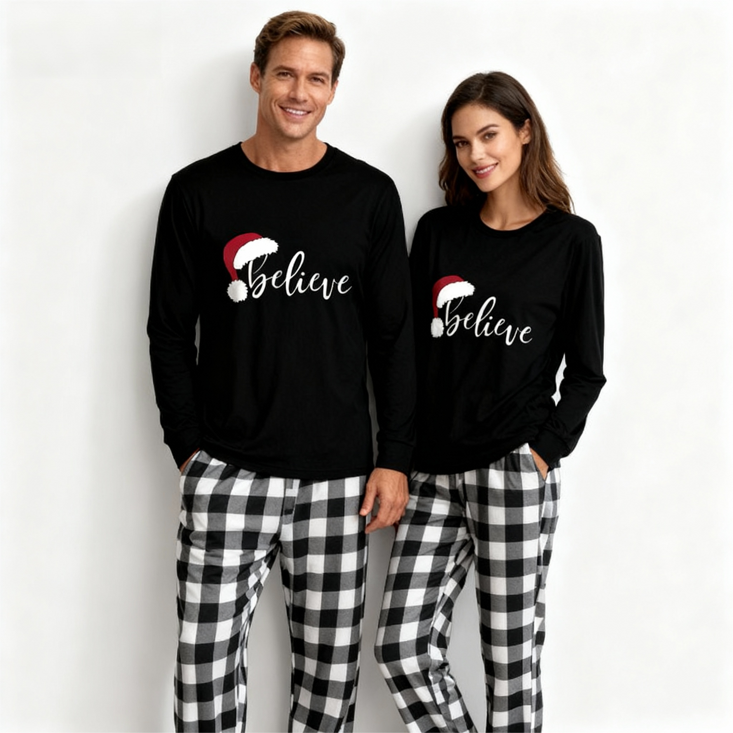 Luvik | Jouluhattu ja 'Believe' kirjainpainatus kuviollinen musta valkoinen ruututakkisetti