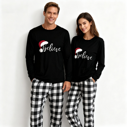 Luvik | Jouluhattu ja 'Believe' kirjainpainatus kuviollinen musta valkoinen ruututakkisetti