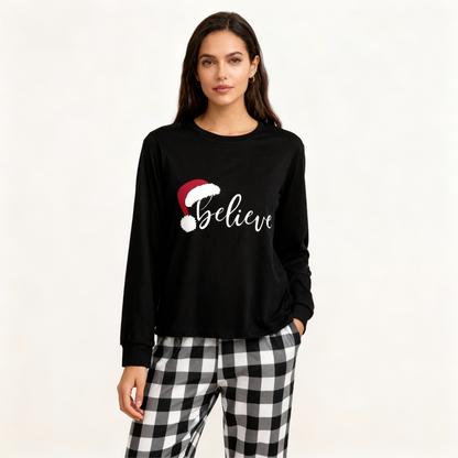 Luvik | Jouluhattu ja 'Believe' kirjainpainatus kuviollinen musta valkoinen ruututakkisetti