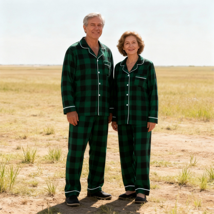 Luvik | Joulun perheelle sopivat vihreät ruudulliset nappikauluspaitapajamasetit pitkähihaisella