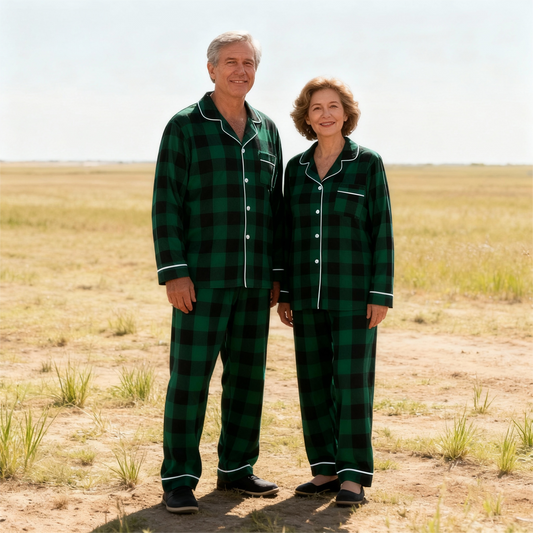 Luvik | Joulun perheelle sopivat vihreät ruudulliset nappikauluspaitapajamasetit pitkähihaisella
