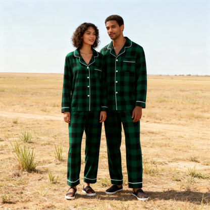 Luvik | Joulun perheelle sopivat vihreät ruudulliset nappikauluspaitapajamasetit pitkähihaisella