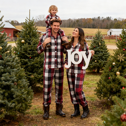 Luvik | Perhe Joulupunainen ja Valkoinen Ruudullinen Napillinen Pyjama Setti