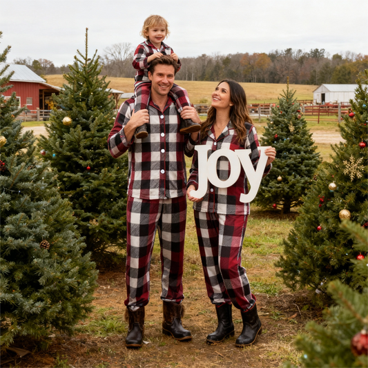 Luvik | Perhe Joulupunainen ja Valkoinen Ruudullinen Napillinen Pyjama Setti