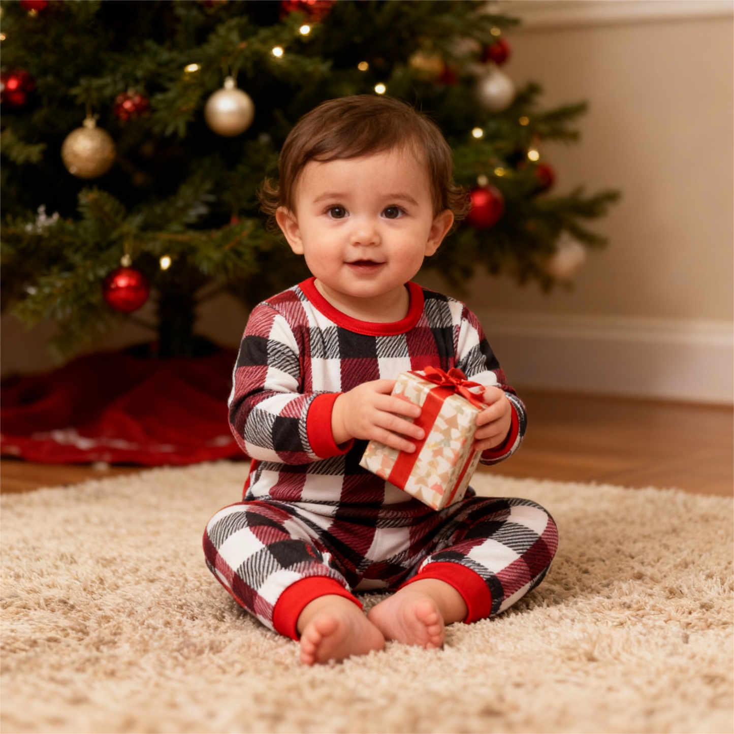 Luvik | Perhe Joulupunainen ja Valkoinen Ruudullinen Napillinen Pyjama Setti