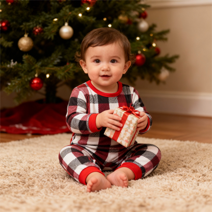 Luvik | Perhe Joulupunainen ja Valkoinen Ruudullinen Napillinen Pyjama Setti