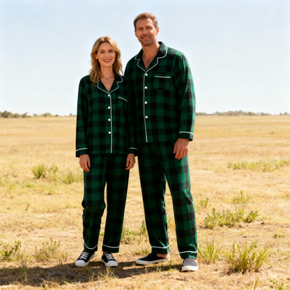 Luvik | Joulun perheelle sopivat vihreät ruudulliset nappikauluspaitapajamasetit pitkähihaisella