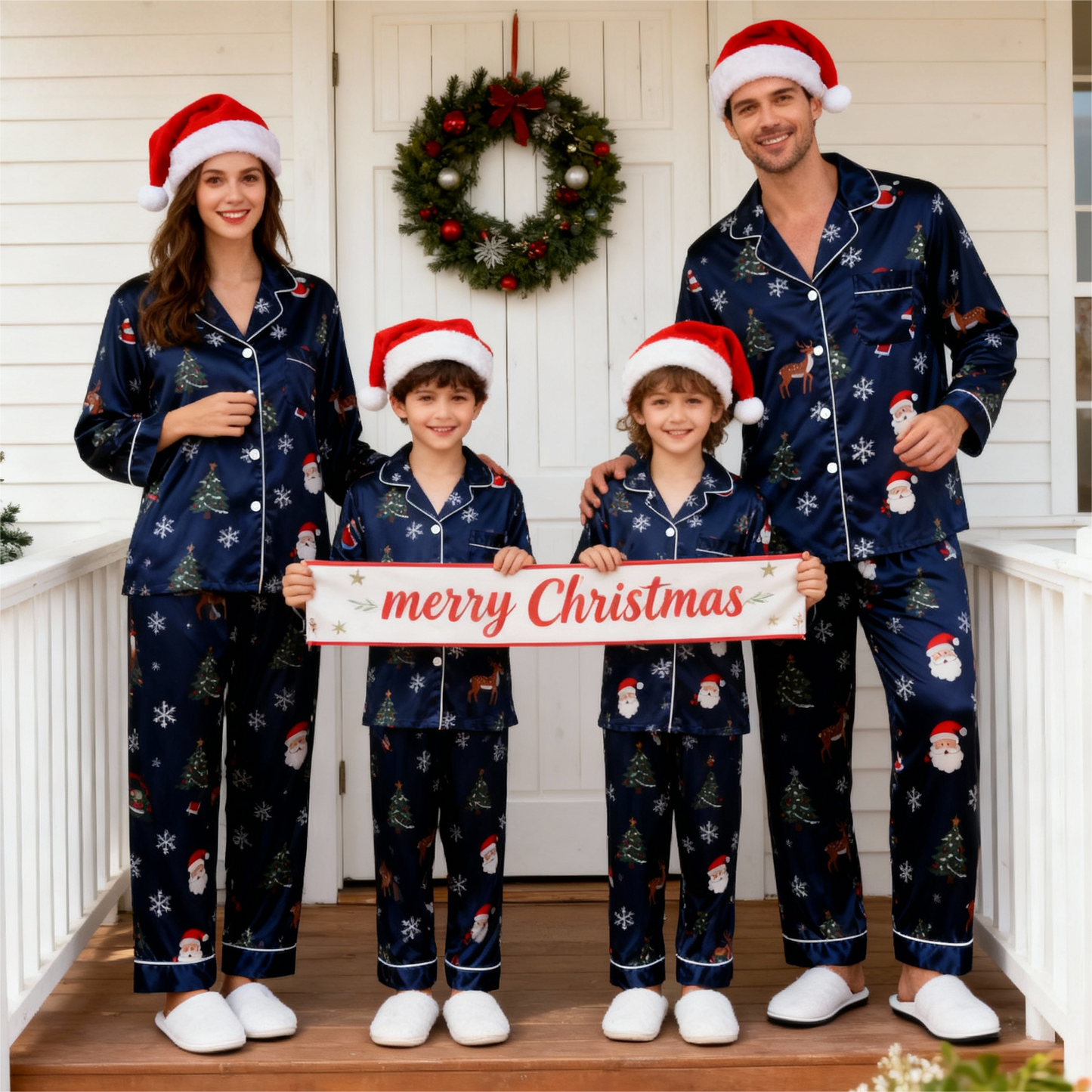 Luvik | Lomaperheen nappikauluspaita tummansininen satiinijouluyöasu