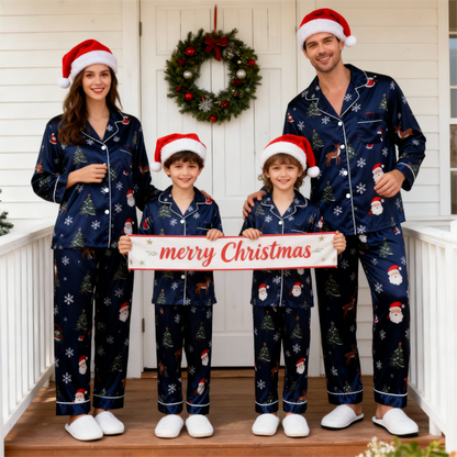 Luvik | Lomaperheen nappikauluspaita tummansininen satiinijouluyöasu