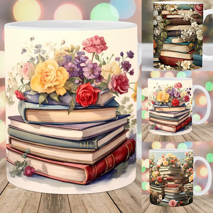 3D Kunstnerisk Vakker Floral Bøker Kaffe Krus - Bokelsker Gave | Luvikno