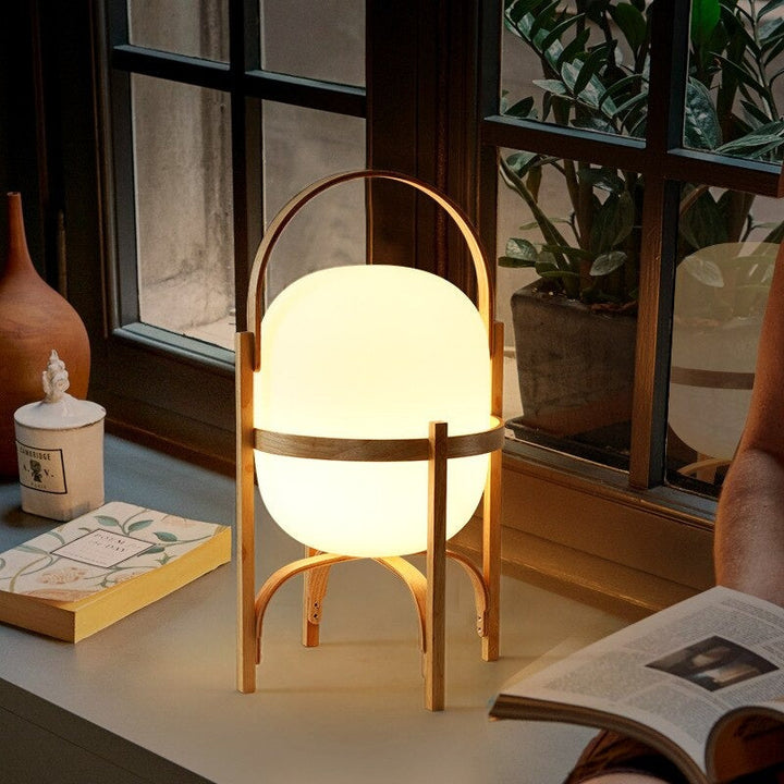 Japansk Tre Nattbordlampe med Glass Stein Skjerm | Luvikno