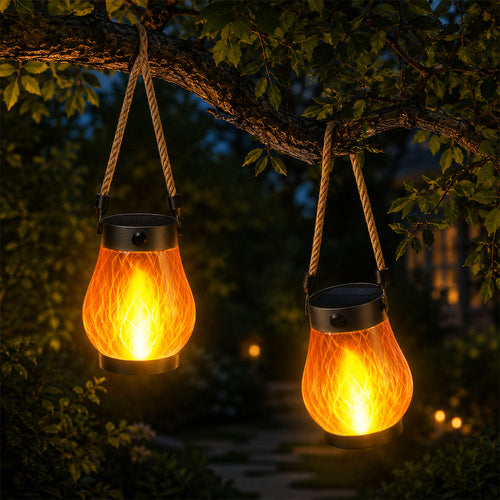 Solar Lantern Ø12 cm med Flamme Effekt Lys og Hamp Tau | Luvikno