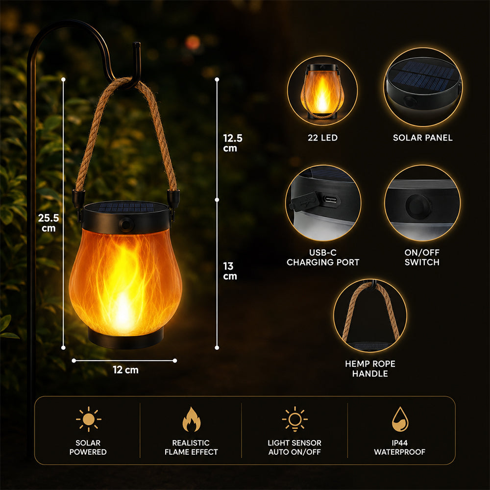 Solar Lantern Ø12 cm med Flamme Effekt Lys og Hamp Tau | Luvikno