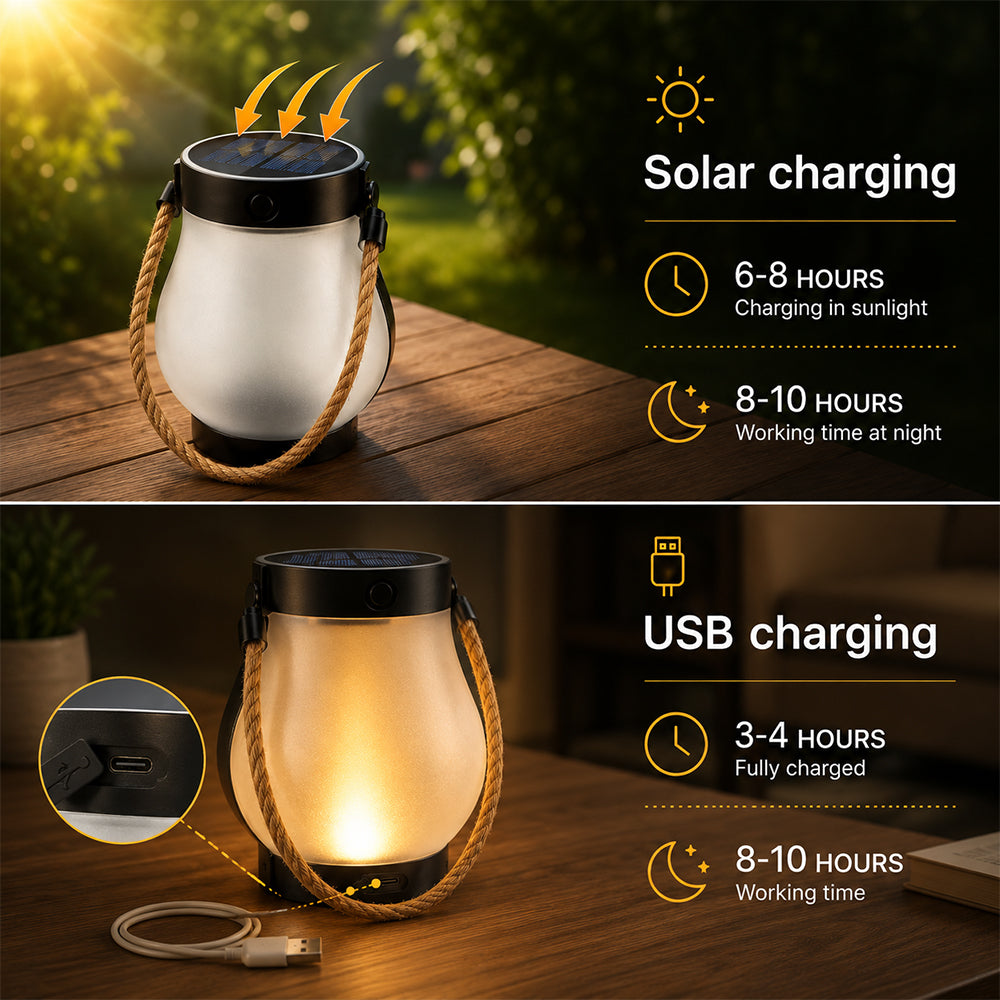 Solar Lantern Ø12 cm med Flamme Effekt Lys og Hamp Tau | Luvikno