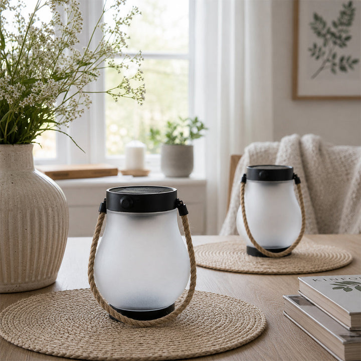 Solar Lantern Ø12 cm med Flamme Effekt Lys og Hamp Tau | Luvikno
