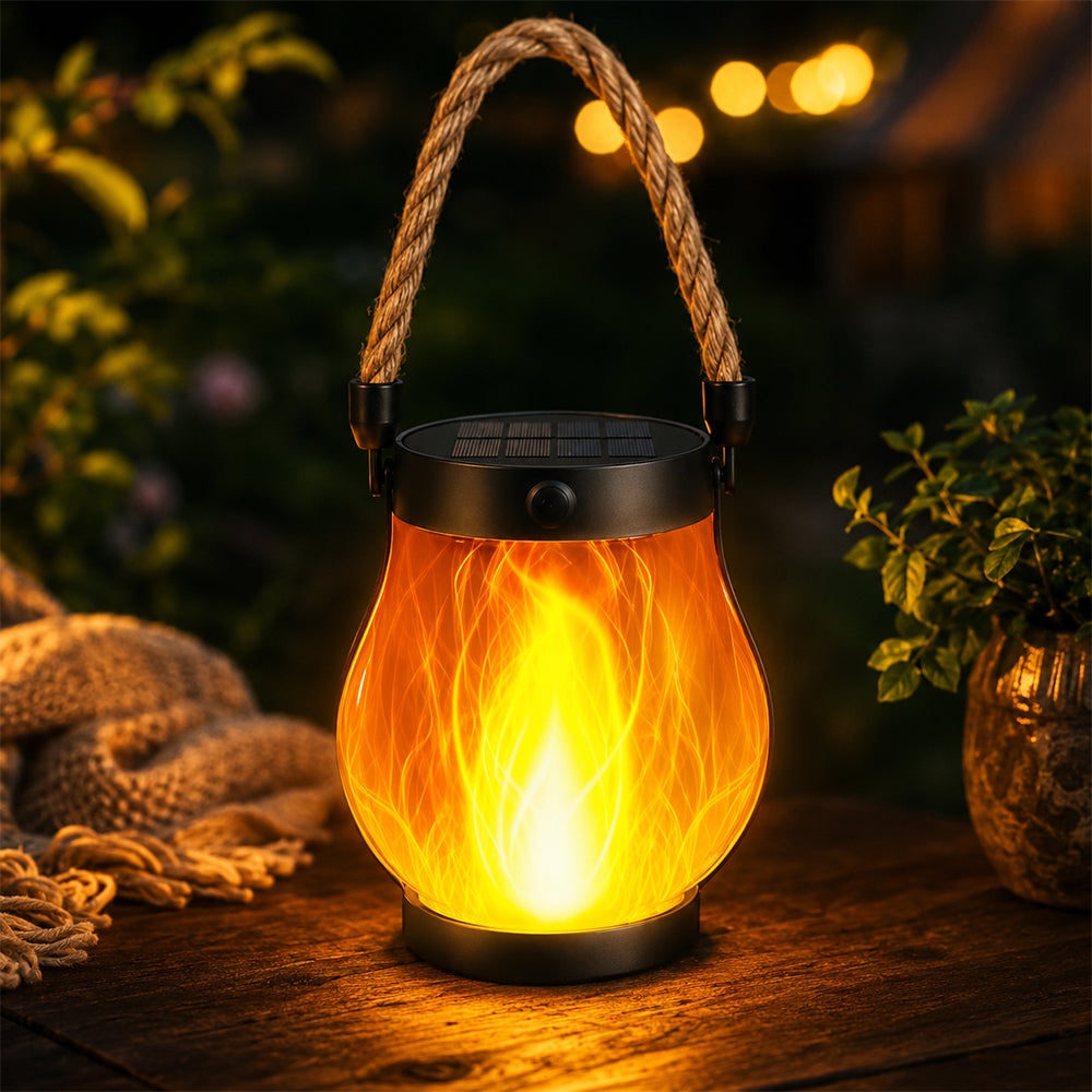Solar Lantern Ø12 cm med Flamme Effekt Lys og Hamp Tau | Luvikno