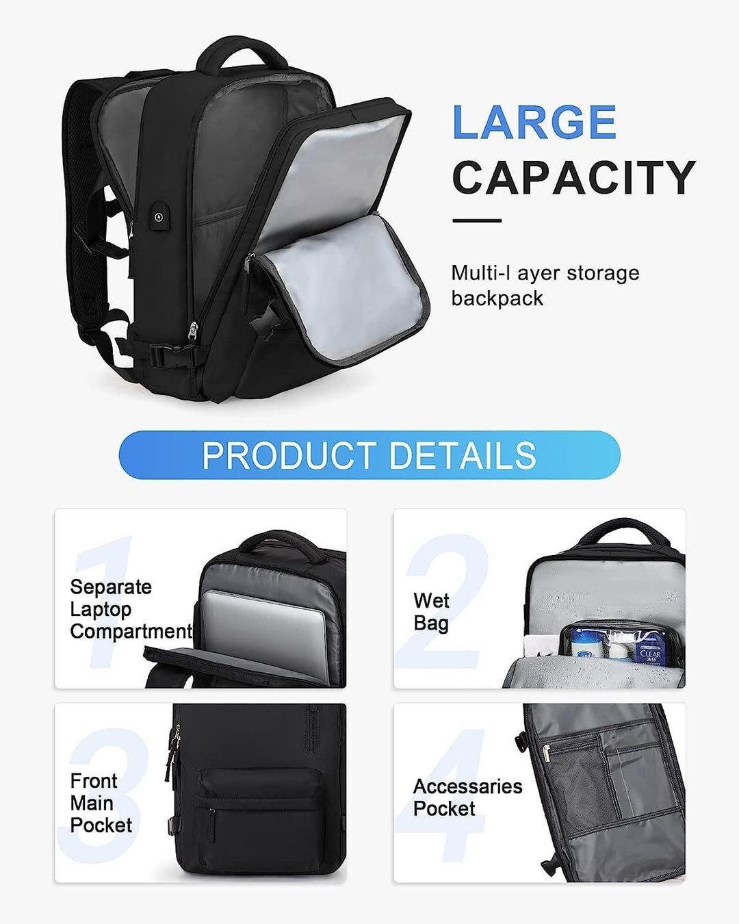 Vanntett reise ryggsekk med skopartisjon og USB-port – 14" bærbar PC passer | Luvikno