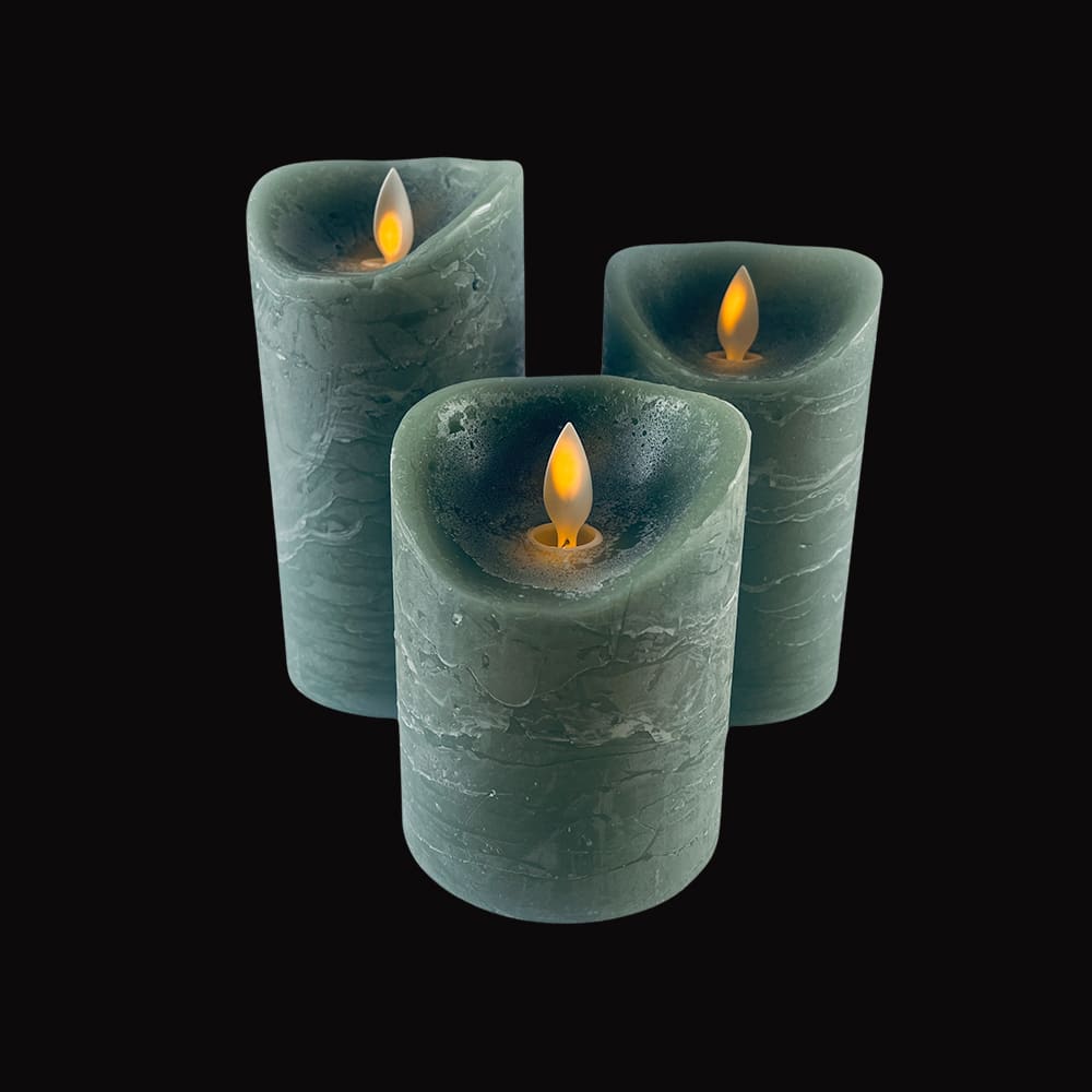 LED Lys - rustikk - 3 stykker - 10/12,5/15 cm - med 3D flamme - (ulike farger) | Luvikno