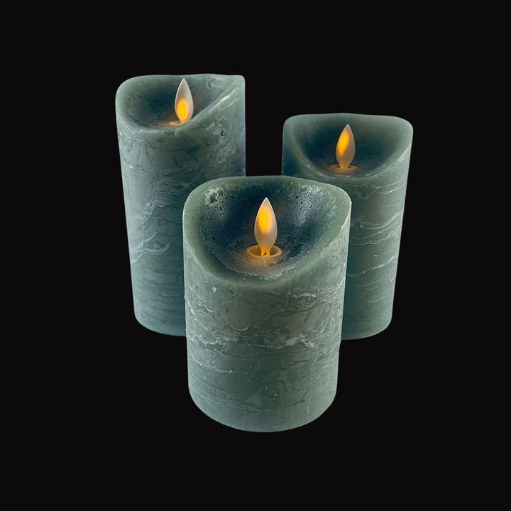 LED Lys - rustikk - 3 stykker - 10/12,5/15 cm - med 3D flamme - (ulike farger) | Luvikno