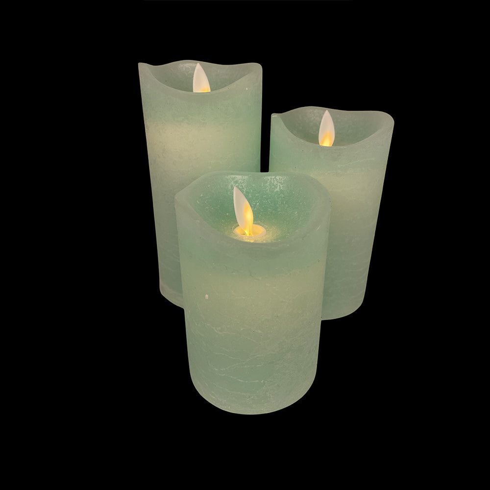 LED Lys - rustikk - 3 stykker - 10/12,5/15 cm - med 3D flamme - (ulike farger) | Luvikno