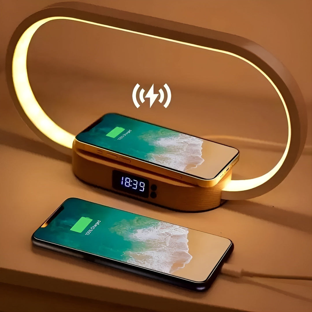 Luvikno | Stilig multifunksjonell lampe med ladestasjon og klokke