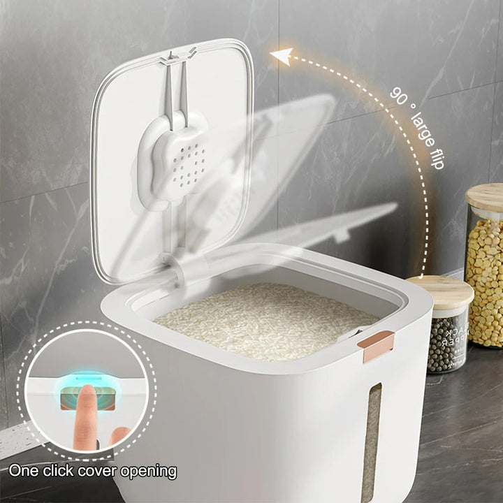 VoorraadKlik – Tettsikker dispenserboks med målebeger for ris og korn (5 eller 10 kg) | Luvikno