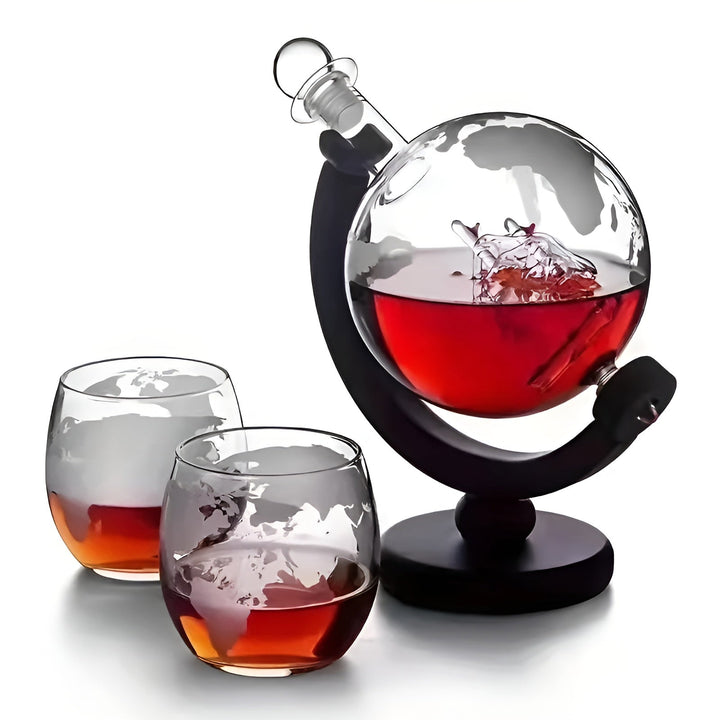 Whisky Karaffel Sett i Globusform – Luviknoyfri Karaffel med Tre Stativ | Inkluderer 2 Whisky Glasser | Luvikno
