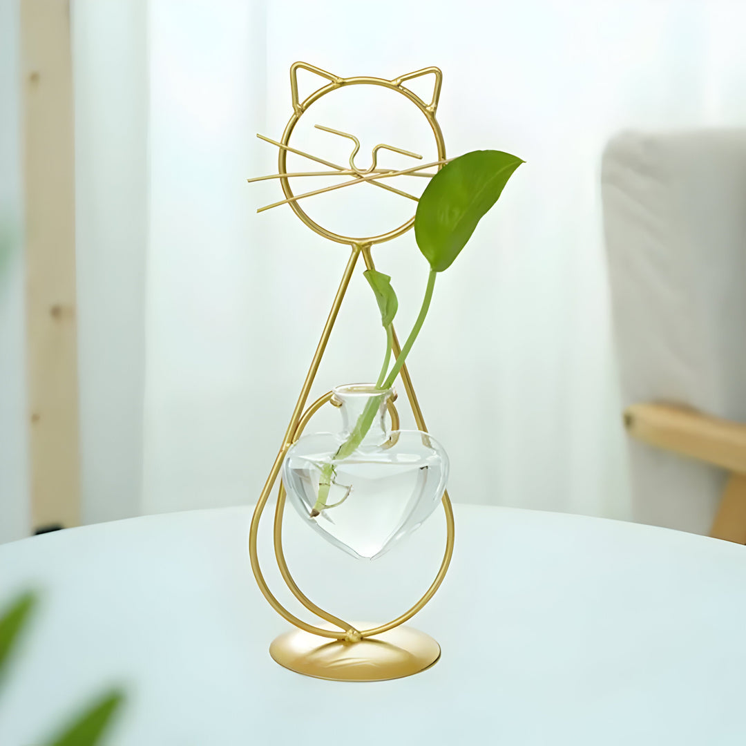 AquaPurr Vase - Hydroponisk Glass Hjertevase med Katteformet Holder | Luvikno