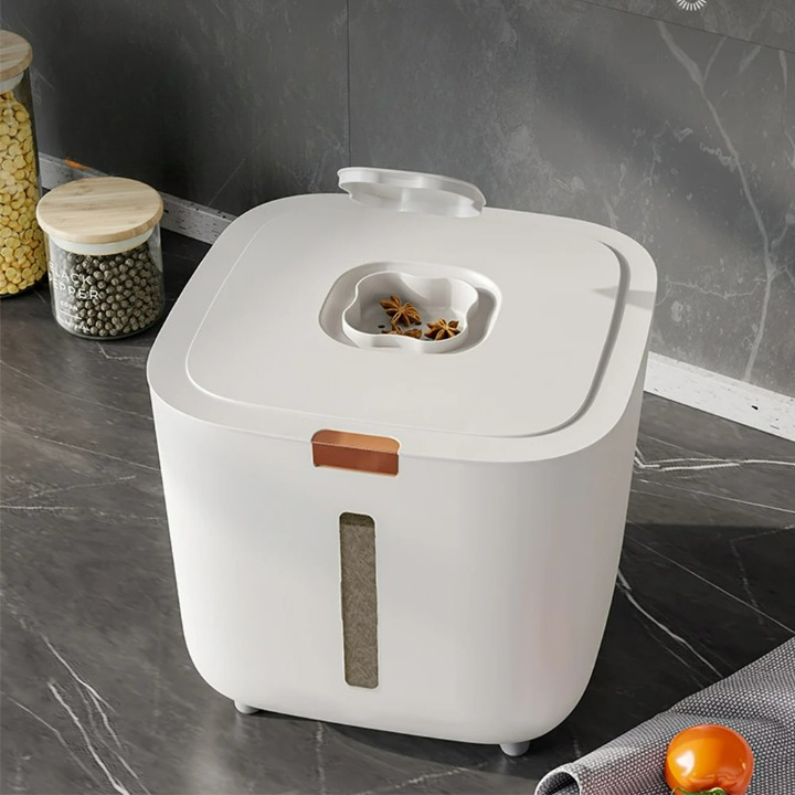 VoorraadKlik – Tettsikker dispenserboks med målebeger for ris og korn (5 eller 10 kg) | Luvikno