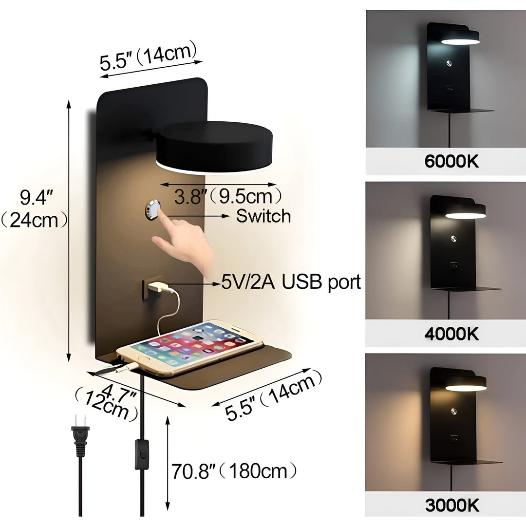 Luvikno | ChargeBright Luxe LED Vegglampe med USB-ladeport - Moderne svart-hvitt design