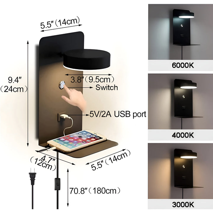 Luvikno | ChargeBright Luxe LED Vegglampe med USB-ladeport - Moderne svart-hvitt design