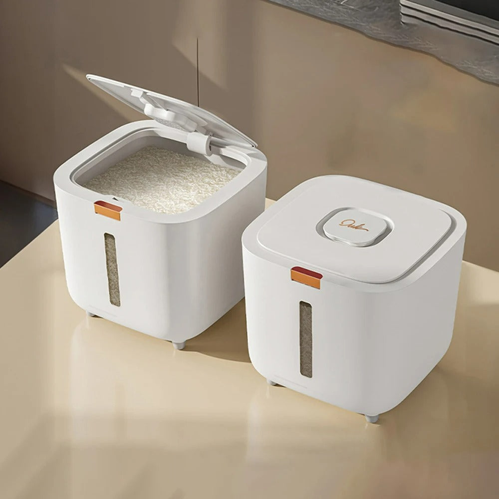 VoorraadKlik – Tettsikker dispenserboks med målebeger for ris og korn (5 eller 10 kg) | Luvikno
