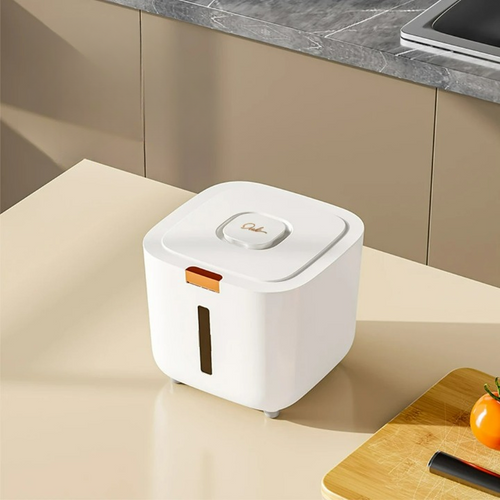 VoorraadKlik – Tettsikker dispenserboks med målebeger for ris og korn (5 eller 10 kg) | Luvikno